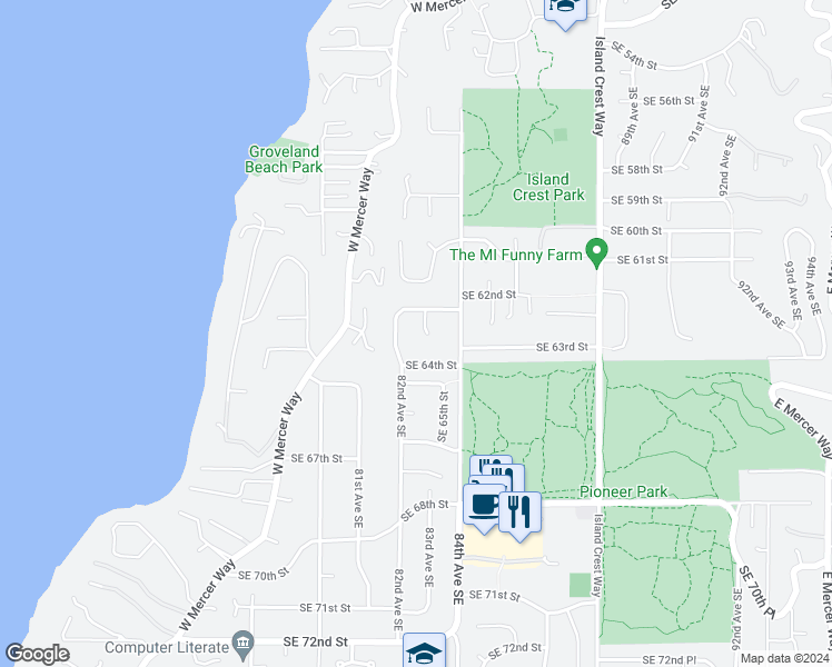 map of restaurants, bars, coffee shops, grocery stores, and more near 6221 83rd Place Southeast in Mercer Island