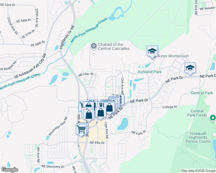 map of restaurants, bars, coffee shops, grocery stores, and more near 1830 10th Avenue Northeast in Issaquah