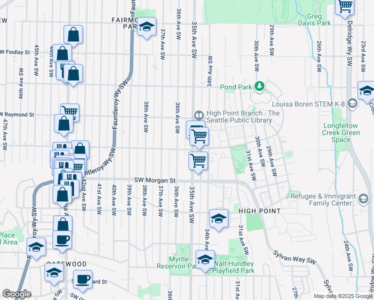 map of restaurants, bars, coffee shops, grocery stores, and more near 3490 Southwest Graham Street in Seattle