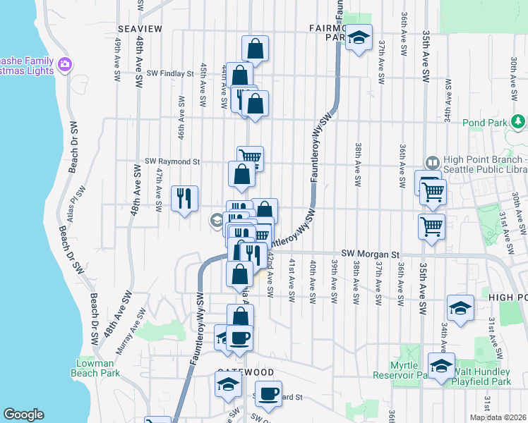 map of restaurants, bars, coffee shops, grocery stores, and more near 4201 Southwest Graham Street in Seattle