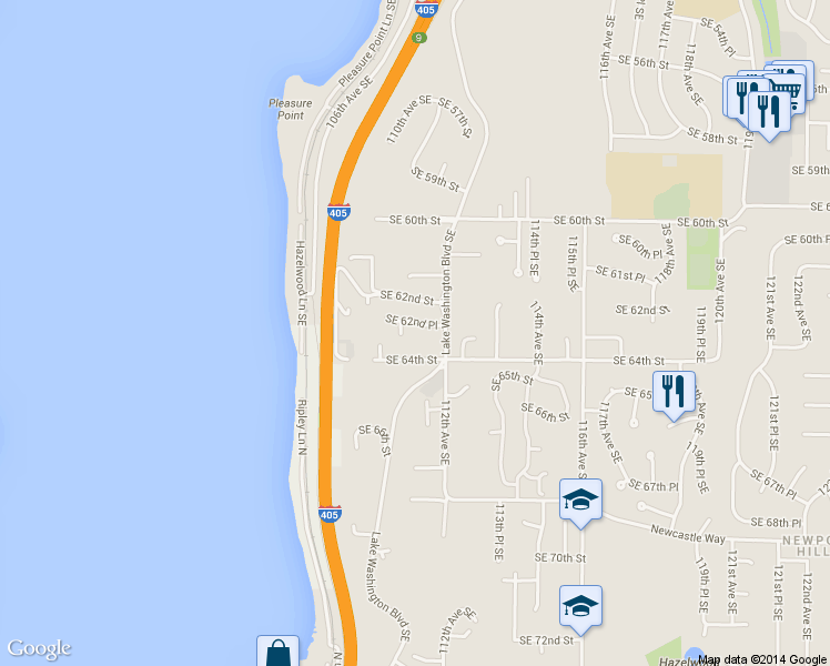 map of restaurants, bars, coffee shops, grocery stores, and more near 6215 Lake Washington Boulevard Southeast in Bellevue