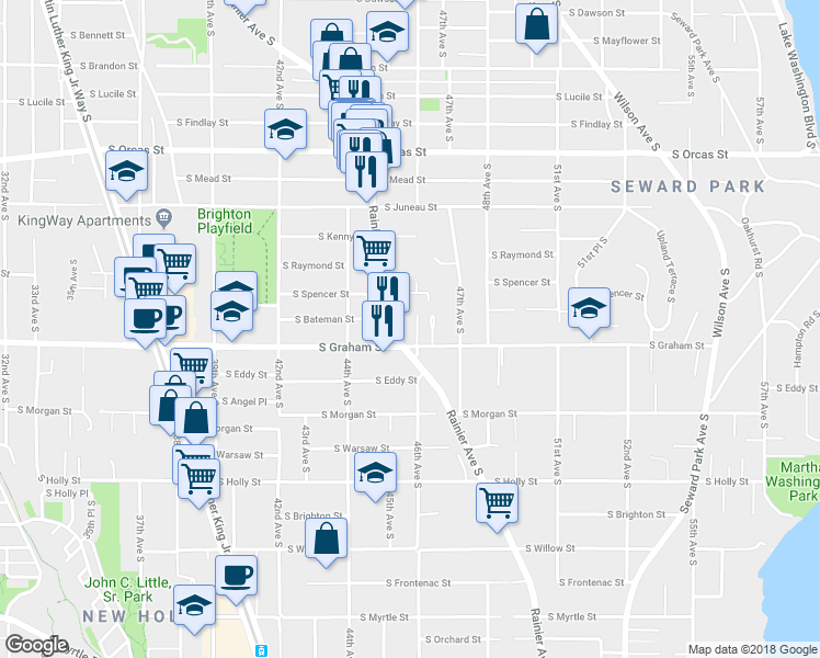 map of restaurants, bars, coffee shops, grocery stores, and more near 6201 46th Avenue South in Seattle