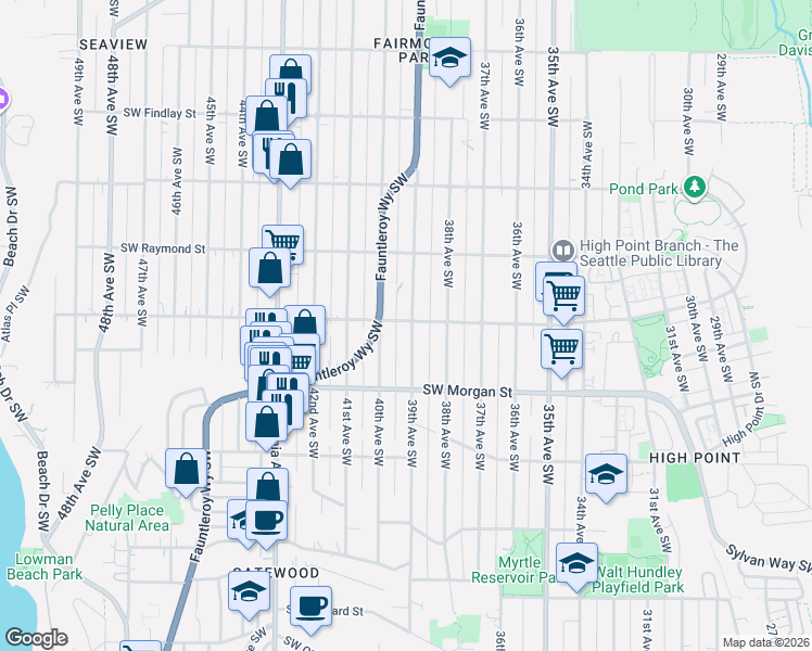 map of restaurants, bars, coffee shops, grocery stores, and more near 6047 39th Avenue Southwest in Seattle