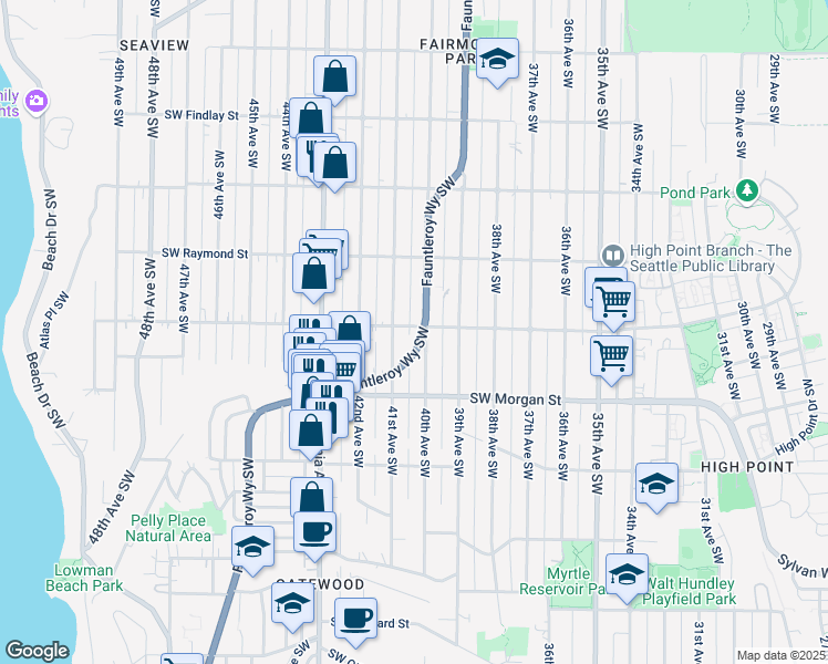 map of restaurants, bars, coffee shops, grocery stores, and more near 6047 Fauntleroy Way Southwest in Seattle
