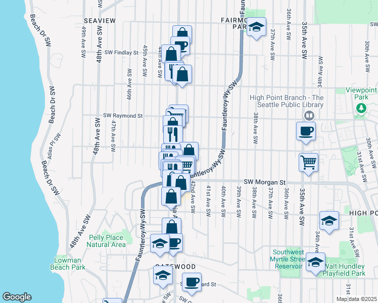 map of restaurants, bars, coffee shops, grocery stores, and more near 6056 California Avenue Southwest in Seattle