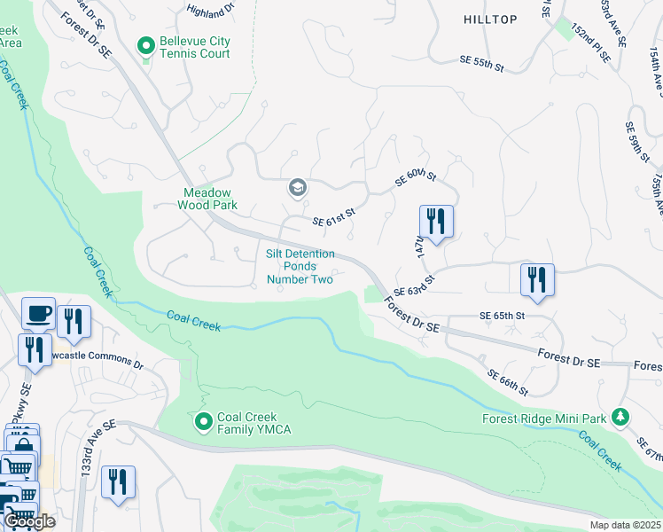 map of restaurants, bars, coffee shops, grocery stores, and more near 14326 Southeast 63rd Street in Bellevue