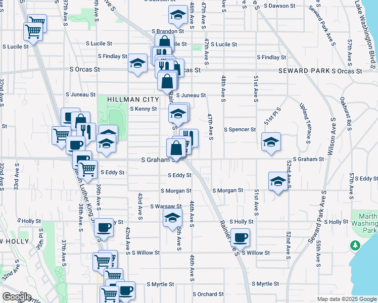 map of restaurants, bars, coffee shops, grocery stores, and more near 6201 46th Avenue South in Seattle