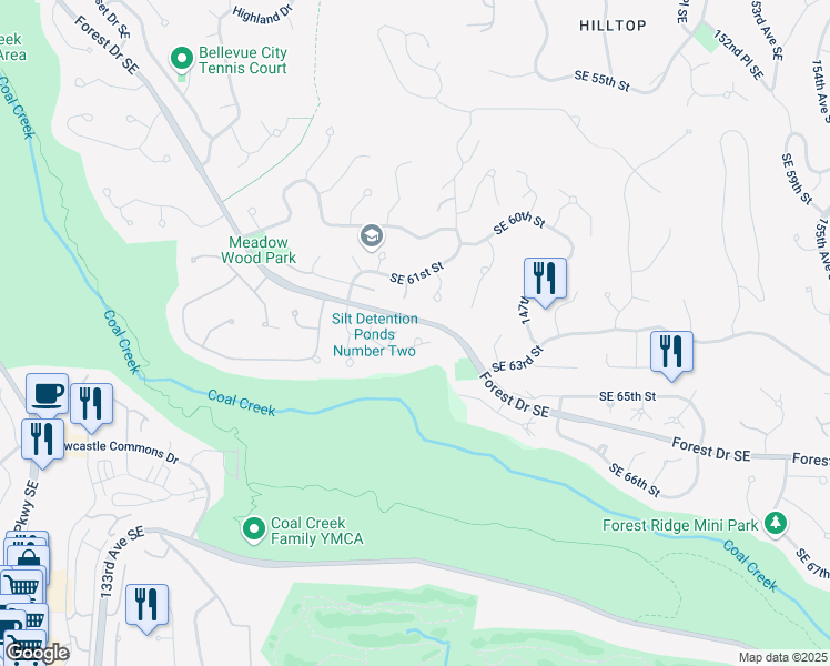 map of restaurants, bars, coffee shops, grocery stores, and more near 14326 Southeast 63rd Street in Bellevue