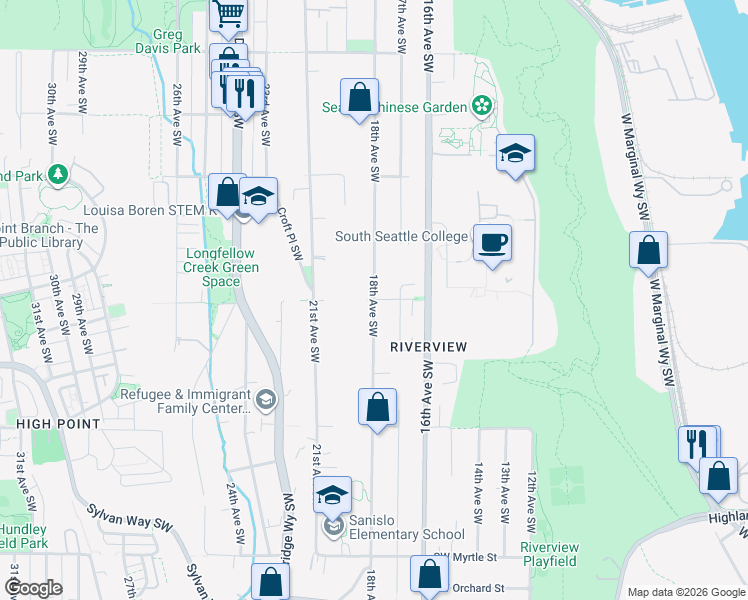 map of restaurants, bars, coffee shops, grocery stores, and more near 18th Avenue Southwest & Southwest Graham Street in Seattle