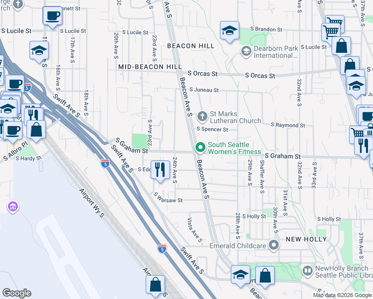 map of restaurants, bars, coffee shops, grocery stores, and more near 6127 Beacon Avenue South in Seattle