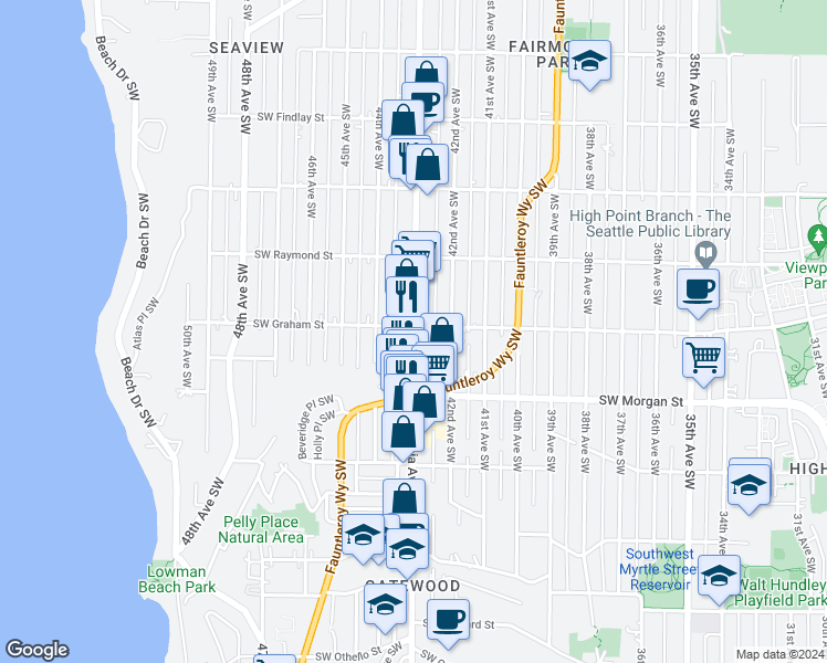map of restaurants, bars, coffee shops, grocery stores, and more near 6056 California Avenue Southwest in Seattle
