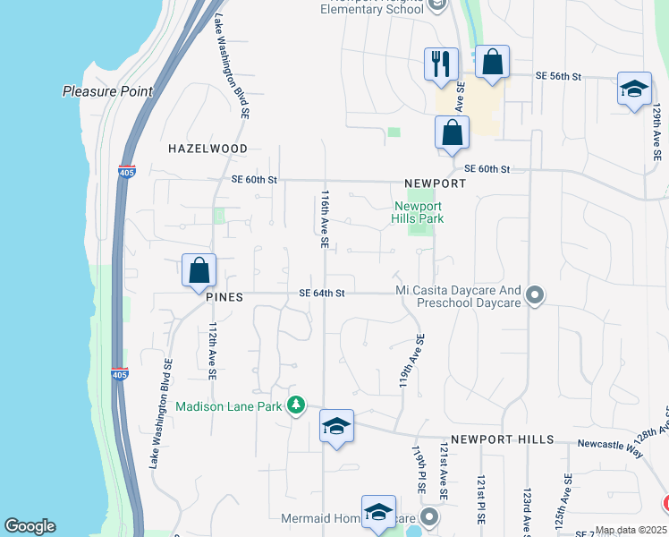 map of restaurants, bars, coffee shops, grocery stores, and more near 11604 Southeast 63rd Street in Bellevue