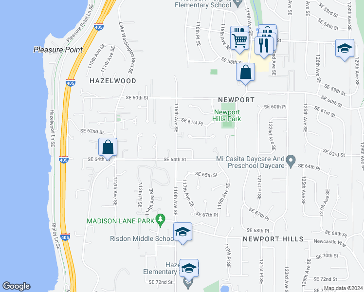 map of restaurants, bars, coffee shops, grocery stores, and more near 11604 Southeast 63rd Street in Bellevue