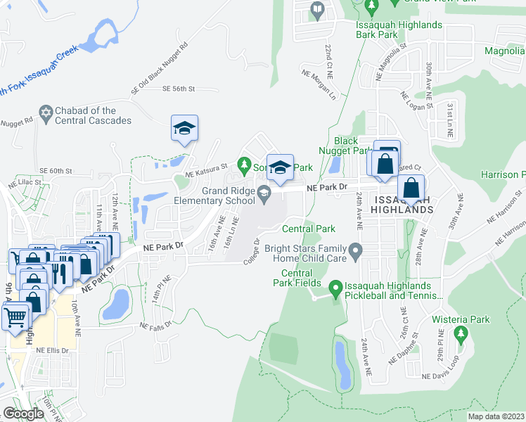 map of restaurants, bars, coffee shops, grocery stores, and more near 1739 Northeast Park Drive in Issaquah