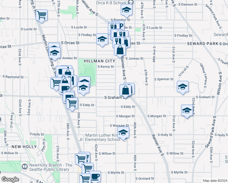 map of restaurants, bars, coffee shops, grocery stores, and more near 6205 44th Avenue South in Seattle