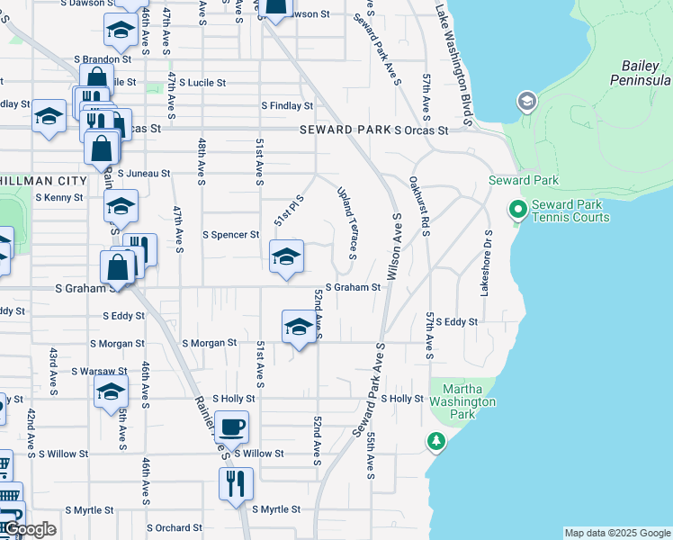 map of restaurants, bars, coffee shops, grocery stores, and more near 6106 52nd Avenue South in Seattle