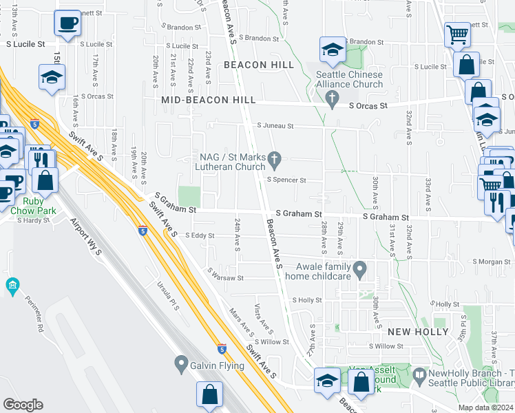 map of restaurants, bars, coffee shops, grocery stores, and more near in Seattle