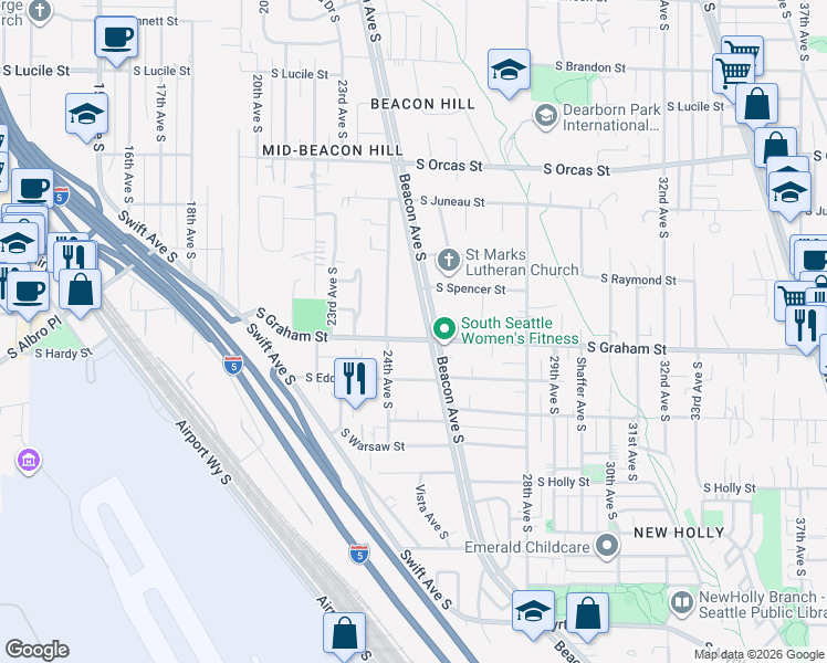 map of restaurants, bars, coffee shops, grocery stores, and more near 6127 Beacon Avenue South in Seattle