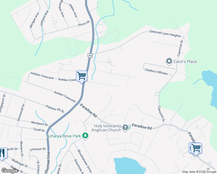 map of restaurants, bars, coffee shops, grocery stores, and more near 16 Hickeys Road in Paradise