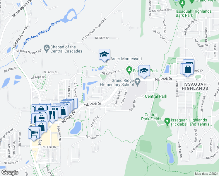 map of restaurants, bars, coffee shops, grocery stores, and more near 1578 Northeast Iris Street in Issaquah