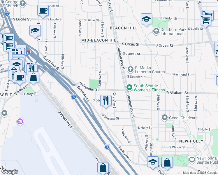 map of restaurants, bars, coffee shops, grocery stores, and more near 6045 24th Avenue South in Seattle