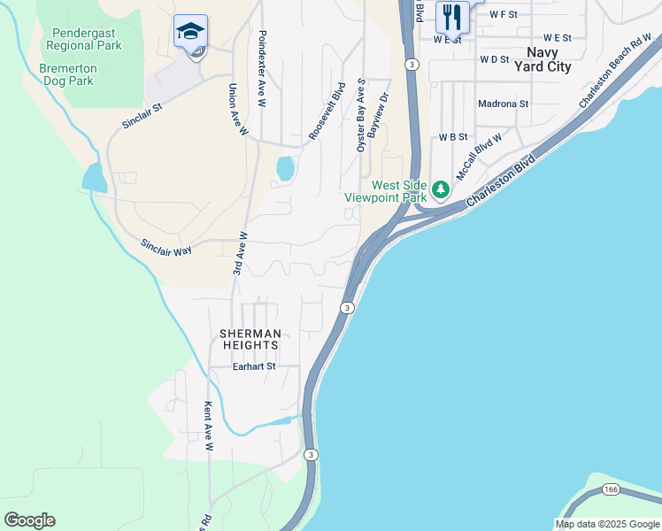 map of restaurants, bars, coffee shops, grocery stores, and more near 1617 West Admiralty Heights Lane in Bremerton