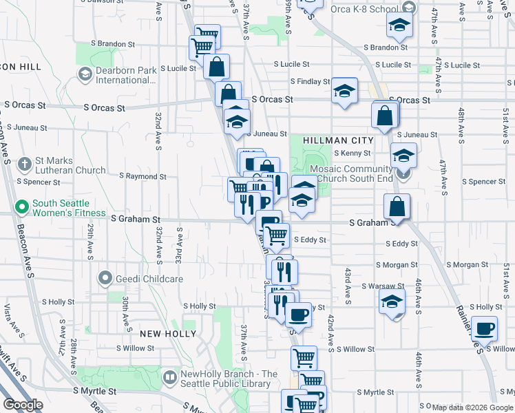 map of restaurants, bars, coffee shops, grocery stores, and more near 6044 Martin Luther King Junior Way South in Seattle