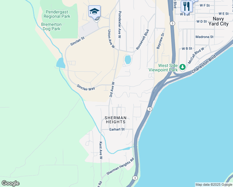map of restaurants, bars, coffee shops, grocery stores, and more near 1654 West Admiralty Heights Lane in Bremerton