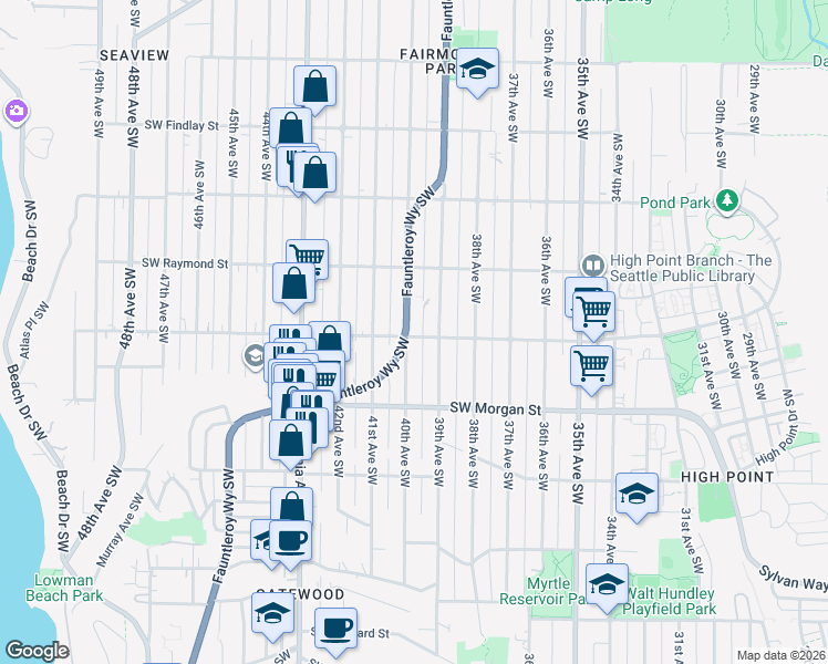 map of restaurants, bars, coffee shops, grocery stores, and more near 6047 Fauntleroy Way Southwest in Seattle