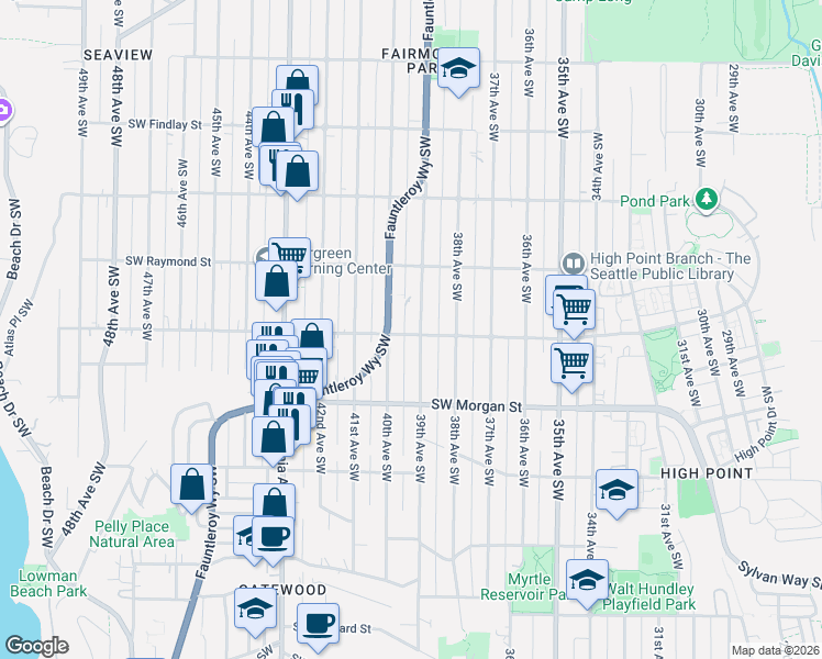 map of restaurants, bars, coffee shops, grocery stores, and more near 6047 39th Avenue Southwest in Seattle