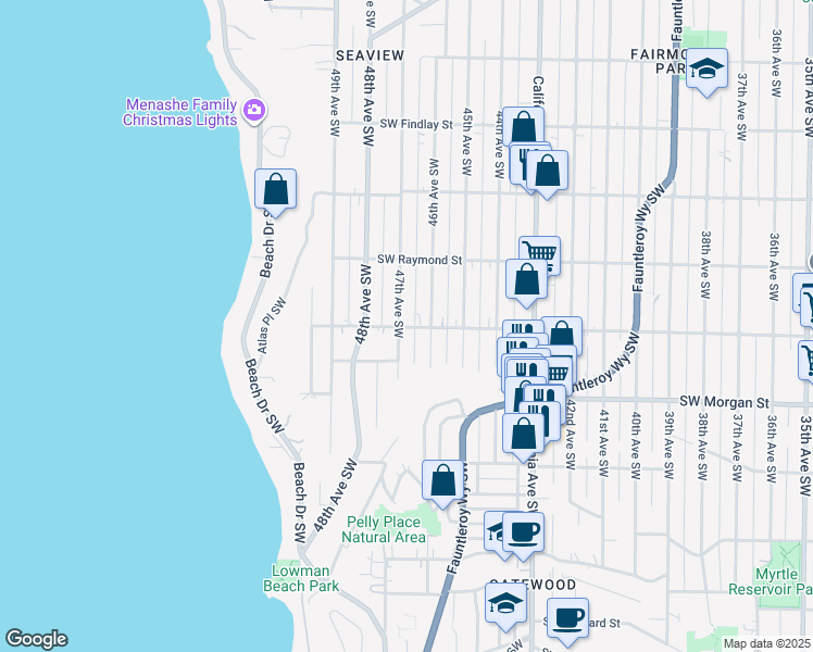 map of restaurants, bars, coffee shops, grocery stores, and more near 4620 Southwest Graham Street in Seattle