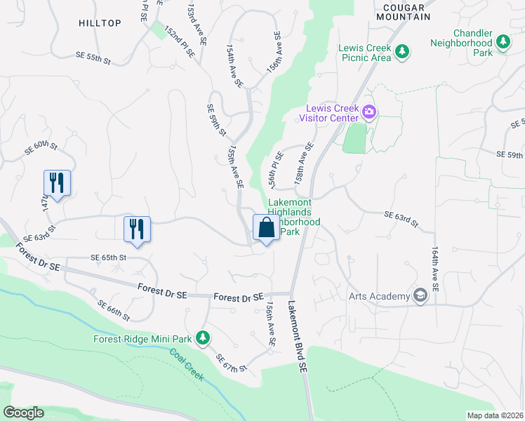 map of restaurants, bars, coffee shops, grocery stores, and more near 15619 Southeast 62nd Place in Bellevue
