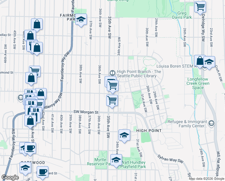 map of restaurants, bars, coffee shops, grocery stores, and more near 6058 35th Avenue Southwest in Seattle