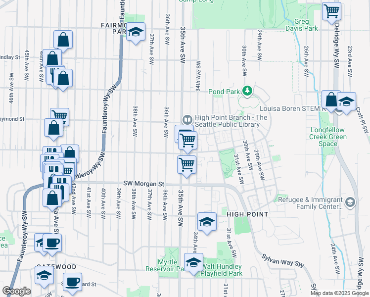 map of restaurants, bars, coffee shops, grocery stores, and more near 6058 35th Avenue Southwest in Seattle