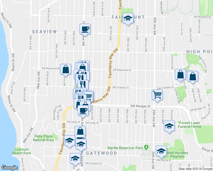 map of restaurants, bars, coffee shops, grocery stores, and more near 6047 Fauntleroy Way Southwest in Seattle