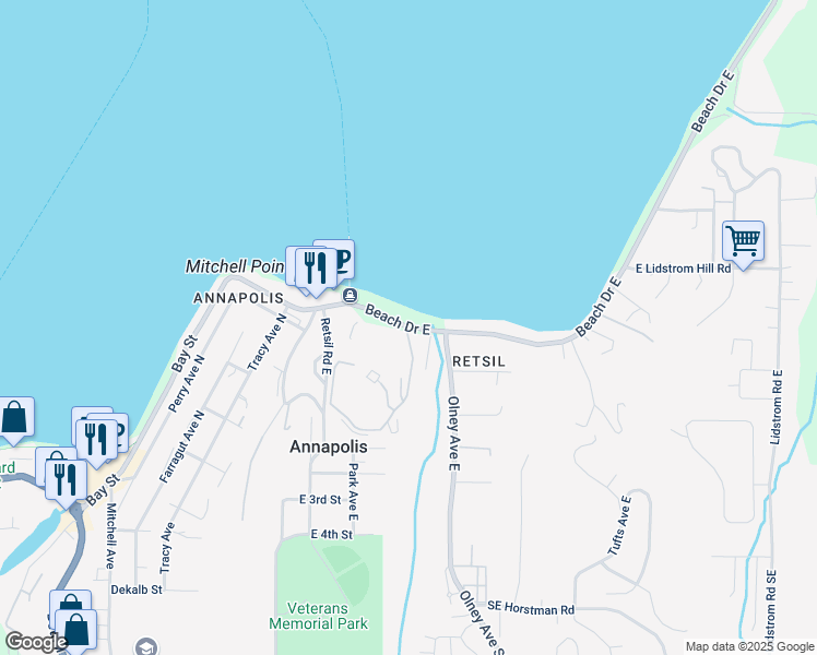 map of restaurants, bars, coffee shops, grocery stores, and more near 1165 Beach Drive East in Port Orchard