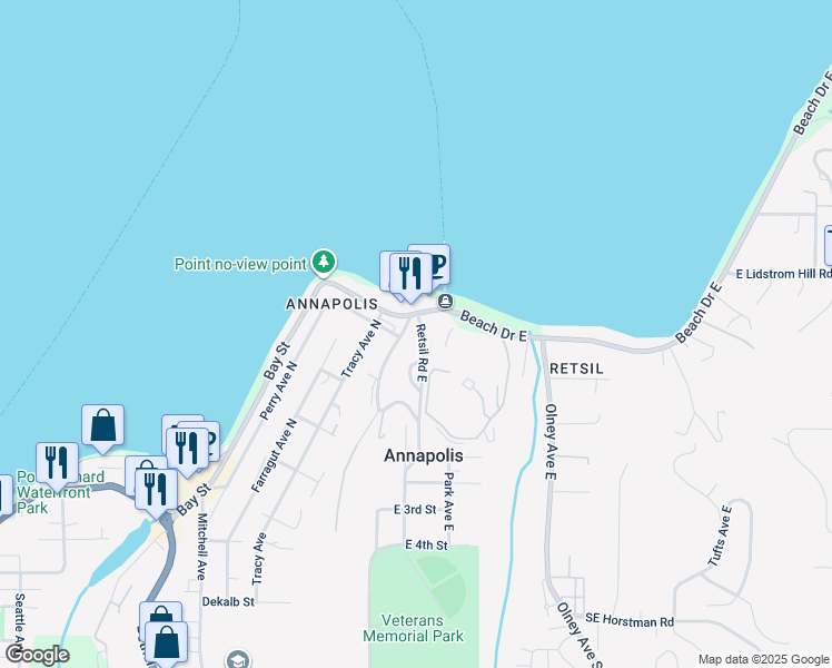 map of restaurants, bars, coffee shops, grocery stores, and more near 1400 Retsil Road East in Port Orchard