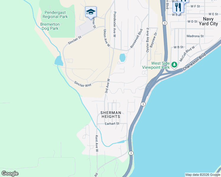 map of restaurants, bars, coffee shops, grocery stores, and more near 1654 West Admiralty Heights Lane in Bremerton