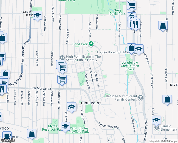 map of restaurants, bars, coffee shops, grocery stores, and more near 3007 Southwest Graham Street in Seattle