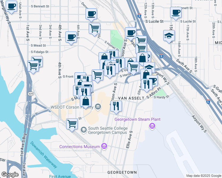 map of restaurants, bars, coffee shops, grocery stores, and more near 6205 Corson Avenue South in Seattle