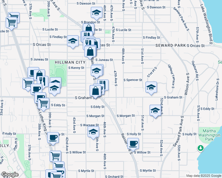 map of restaurants, bars, coffee shops, grocery stores, and more near 6133 47th Avenue South in Seattle
