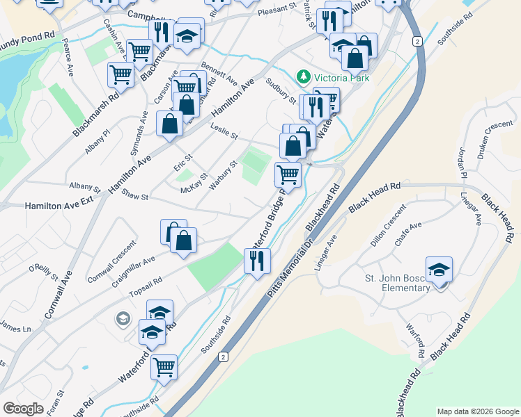 map of restaurants, bars, coffee shops, grocery stores, and more near 16 Topsail Road in St. John's