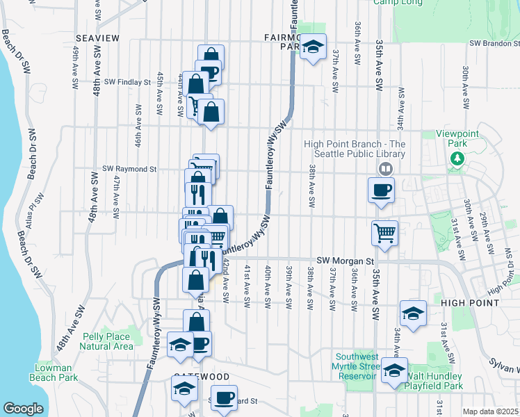 map of restaurants, bars, coffee shops, grocery stores, and more near 6051 Fauntleroy Way Southwest in Seattle