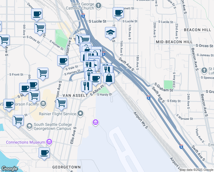 map of restaurants, bars, coffee shops, grocery stores, and more near 6250 Stanley Avenue South in Seattle