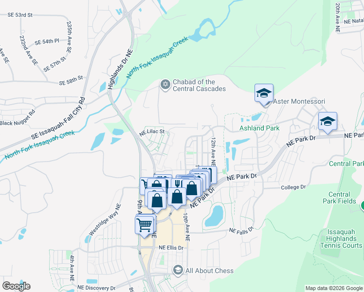 map of restaurants, bars, coffee shops, grocery stores, and more near 1830 10th Avenue Northeast in Issaquah