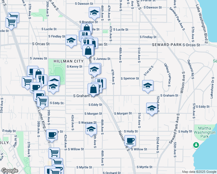 map of restaurants, bars, coffee shops, grocery stores, and more near 6133 47th Avenue South in Seattle