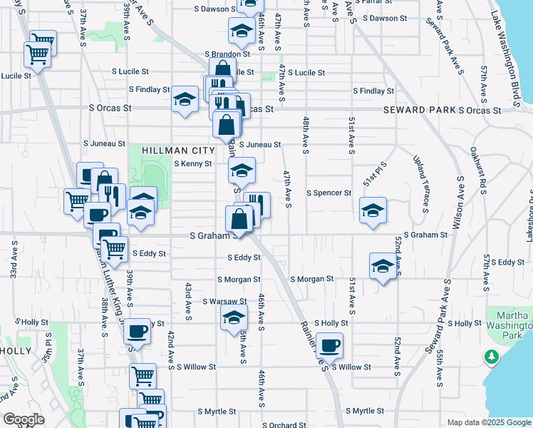 map of restaurants, bars, coffee shops, grocery stores, and more near 6201 46th Avenue South in Seattle