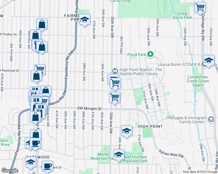 map of restaurants, bars, coffee shops, grocery stores, and more near 6044 36th Avenue Southwest in Seattle