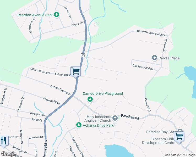 map of restaurants, bars, coffee shops, grocery stores, and more near 21 Hickeys Road in Paradise