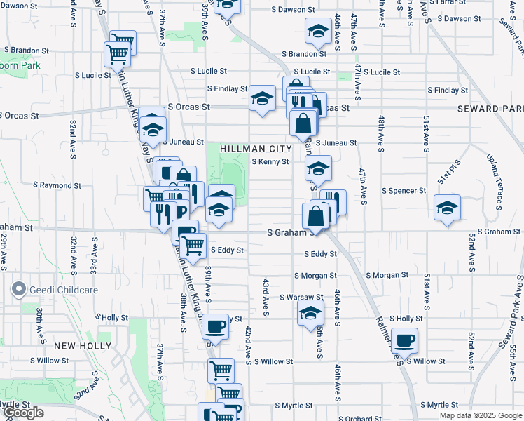 map of restaurants, bars, coffee shops, grocery stores, and more near 4218 South Bateman Street in Seattle